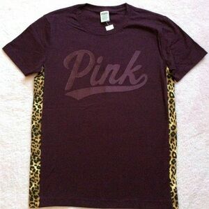 Victoria's Secret Pink Campus Tee Shirt Luscious Plum Leopard Stripes Logo L NWT